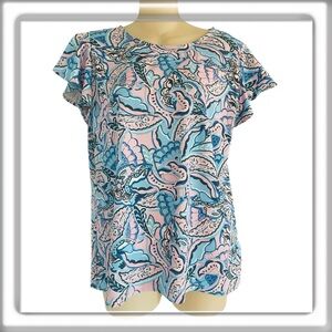 Stella Parker Collection Short Flutter Sleeve Floral Top Pink Blue Size Medium